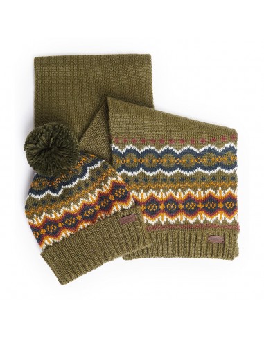 Barbour Fairisle Beanie & Scarf Gift Set Olive