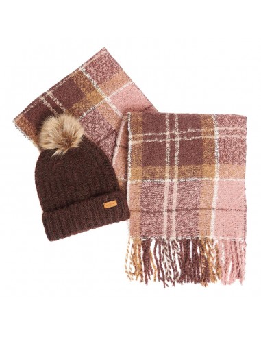 Barbour Womens Saltburn Beanie + Tartan Scarf Gift Set Chocolate