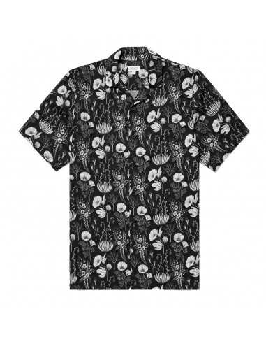 Sunspel Leaf Print Camp Collar Shirt Black